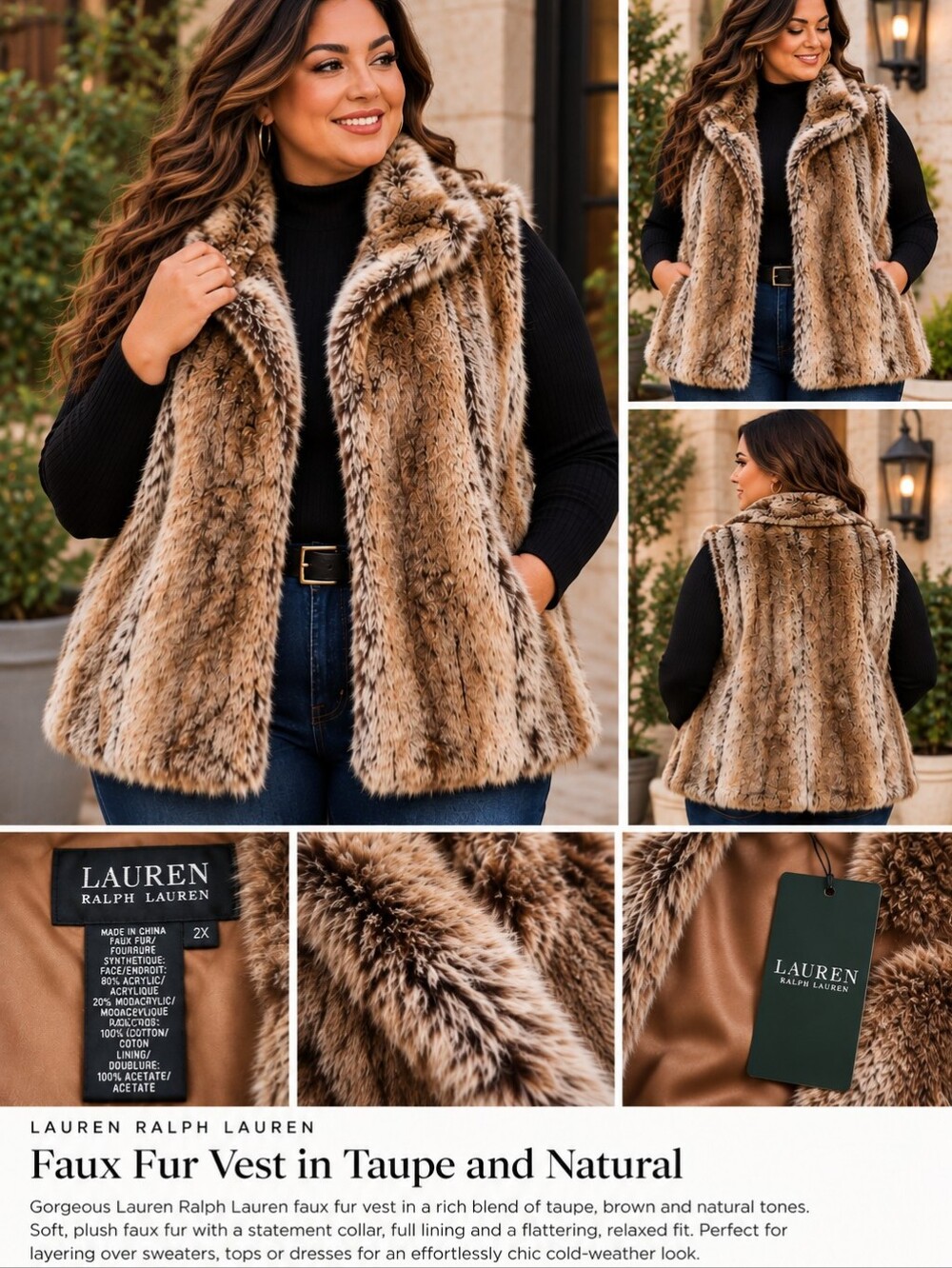 Ralph Lauren Faux Fur Trim Vest in Taupe and Natural Fur - 2x